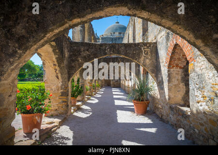 Mission San José y San Miguel de Aguayo is a historic Catholic mission in San Antonio, Texas, USA. The mission was named in part for the Marquis de Sa Stock Photo