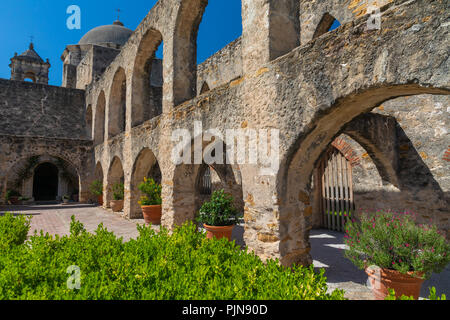 Mission San José y San Miguel de Aguayo is a historic Catholic mission in San Antonio, Texas, USA. The mission was named in part for the Marquis de Sa Stock Photo