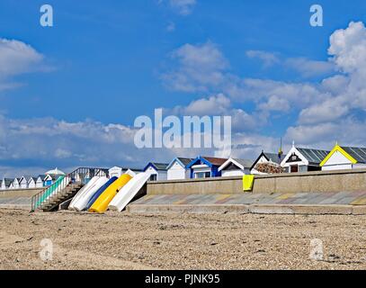 Taken to capture the pretty pastel shades of the contemporary beach huts on South End on Sea, Essex, England. Stock Photo