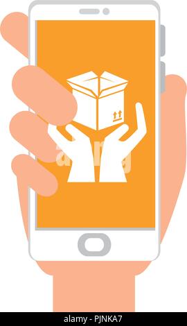 smartphone with box carton and hands protection Stock Vector