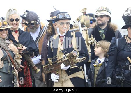 Eastbourne, UK. 8th September 2018.  People enjoy the annual steampunk festival on the seafront today in Eastbourne,East Sussex,Uk Credit: Ed Brown/Alamy Live News Stock Photo