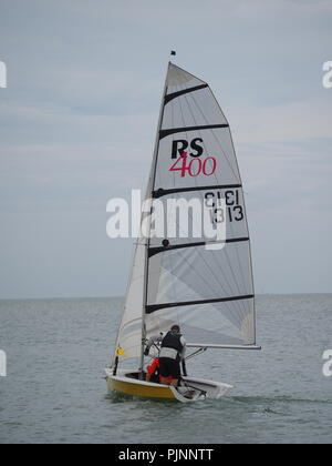 Sheerness, Kent, UK. 8th Sep, 2018. UK Weather: an overcast day  in Sheerness, Kent. Competitors take part in short practice races ahead of tomorrow's 60th Round the Isle Of Sheppey Race. The race is  organised by the Isle Of Sheppey Sailing Club and is open to sailing dinghies, catamarans and sailboards. Around 100 craft are expected to take part in the 40-mile clockwise circumnavigation of the island with sunny intervals and a moderate breeze predicted. Credit: James Bell/Alamy Live News Stock Photo