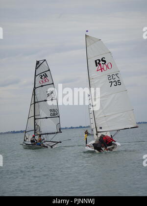 Sheerness, Kent, UK. 8th Sep, 2018. UK Weather: an overcast day  in Sheerness, Kent. Competitors take part in short practice races ahead of tomorrow's 60th Round the Isle Of Sheppey Race. The race is  organised by the Isle Of Sheppey Sailing Club and is open to sailing dinghies, catamarans and sailboards. Around 100 craft are expected to take part in the 40-mile clockwise circumnavigation of the island with sunny intervals and a moderate breeze predicted. Credit: James Bell/Alamy Live News Stock Photo