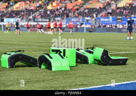 London, UK. 8th September 2018. The training bags of Bristol Bears  during Gallagher Premiership match between Saracens and Bristol Bears at Allianz Park on Saturday, 08 September 2018. LONDON ENGLAND. Credit: Taka G Wu. Editorial use only, license required for commercial use. No use in betting, games or a single club/league/player publications. Stock Photo