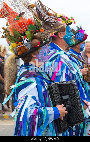 Swanage, Dorset, UK. 8th Sep, 2018. Crowds flock to the Swanage Folk Festival to see the dance groups and music along the seafront. Musicians for morris dancers, Exmoor Border Morris group perform - female accordion player, playing accordion. Credit: Carolyn Jenkins/Alamy Live News Stock Photo