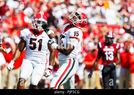 Columbia, SC, USA. 8th Sep, 2018. Bulldogs running back D'Andre Swift (7)  silences the crowd after a touchdown in the SEC matchup between the Georgia  Bulldogs and the South Carolina Gamecocks at