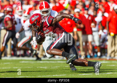 Columbia, SC, USA. 8th Sep, 2018. Bulldogs running back D'Andre Swift (7)  silences the crowd after a touchdown in the SEC matchup between the Georgia  Bulldogs and the South Carolina Gamecocks at