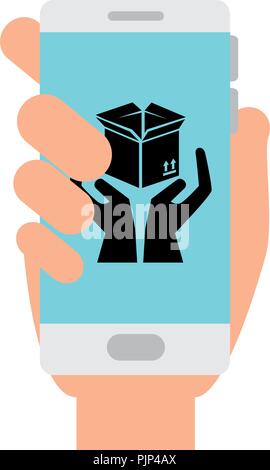 smartphone with box carton and hands protection Stock Vector