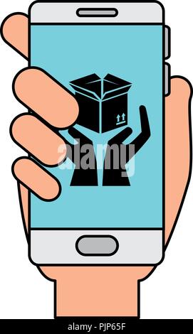 smartphone with box carton and hands protection Stock Vector