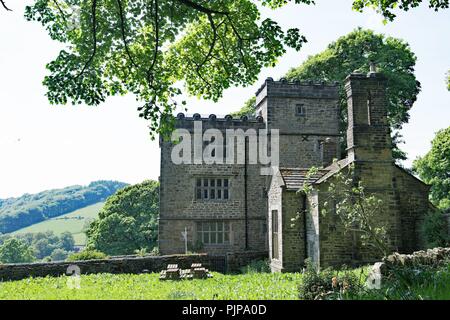 View of the North Lees Hall, the famous principal inspiration for Bronte's imaginary Thornfield Hall in Jane Eyre. Stock Photo