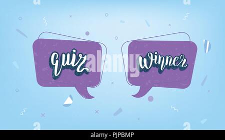 Quiz and Winner stickers. Handwritten lettering with speech bubble. Template  for social media network. Vector illustration. Stock Vector