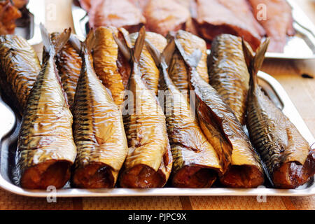 Fresh golden smoked mackerel closeup photo Stock Photo