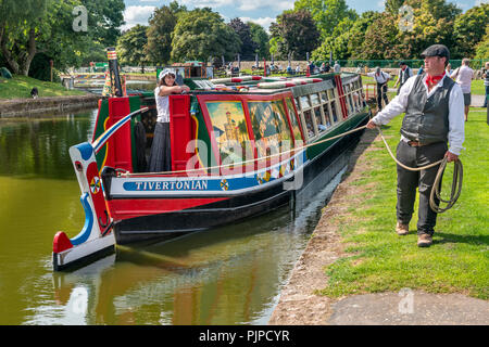 'Tivertonian', the last horse-drawn barge in the West Country, is prepared for another trip down the Grand Western Canal near Tiverton in Devon. Stock Photo