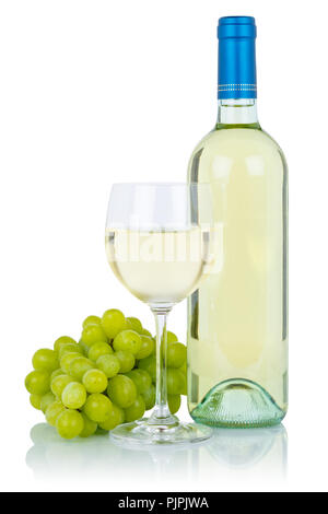 Wine bottle glass alcohol beverage grapes isolated on a white background Stock Photo