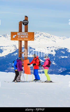 Skiers near pointer ski resort Meribel slopes. France Stock Photo - Alamy