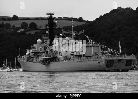 Dartmouth, Devon/England - September 13 2013: HMS Somerset acting as training vessel for Dartmouth naval collage cadets, while moored on River Dart . Stock Photo