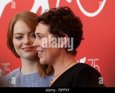 Emma Stone and Olivia Colman, Winner of the best actress award, at the photocall for the film The Favourite at the 75th Venice Film Festival, on Thurs Stock Photo