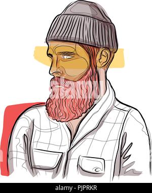 Hand drawn vector ink illustration or drawing of a hipster bearded lumberjack Stock Vector