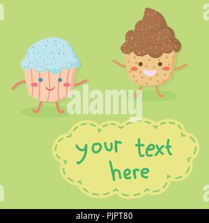 Cute Cupcakes Character on Green Background. There is bubble speech for writing your text Stock Vector