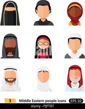Muslim arab people avatars icons set in flat style isolated on white different arabic ethnic man and woman users faces in traditional clothing Stock Vector