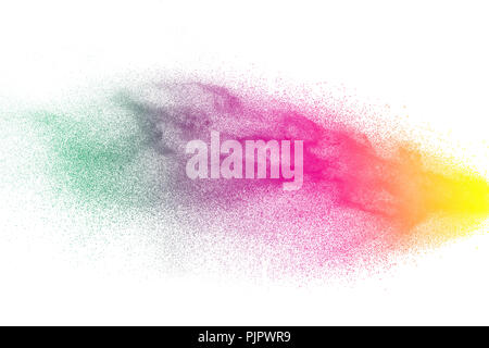 Multicolored particles explosion on white background. Colorful dust splatter on white background. Stock Photo