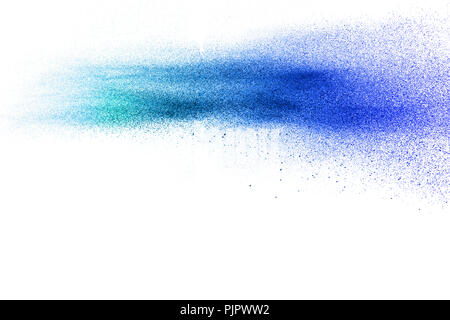 Blue color dust particles splash on white background. Stock Photo