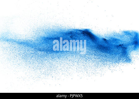 Blue color dust particles splash on white background. Stock Photo