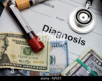 Diagnostic form, Vial of blood samples and Medicine in a hospital, conceptual image Stock Photo