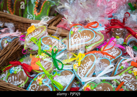Souvenir gingerbread of different shapes on one of the traditional market in Cracow, Poland. Stock Photo
