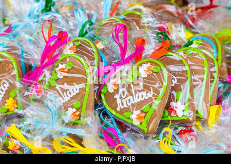 Souvenir gingerbread of different shapes on one of the traditional market in Cracow, Poland. Stock Photo