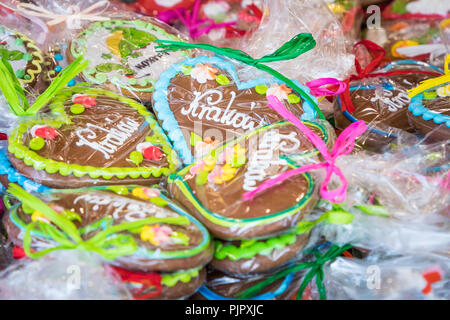 Souvenir gingerbread of different shapes on one of the traditional market in Cracow, Poland. Stock Photo