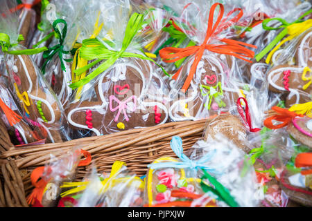Souvenir gingerbread of different shapes on one of the traditional market in Cracow, Poland. Stock Photo