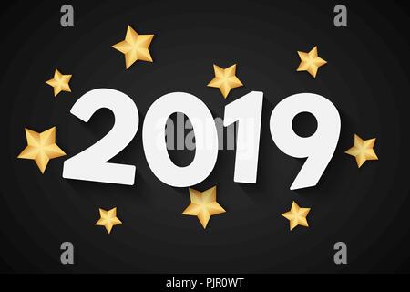 Happy new year 2019. Festive banner for your project. Golden star on a black background. Greeting card. Cover for calendar. Vector illustration. EPS 1 Stock Vector