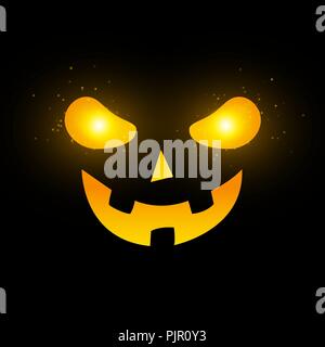 Terrible Halloween face. Yellow glowing eyes with flying magical dust. Cartoon scary face on a black background. Vector illustration. EPS 10 Stock Vector