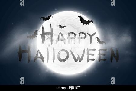 Happy Halloween. The inscription in the style of grunge. Full moon with fog. Flying bats and a spider on a web. Terrible night. Vector illustration. E Stock Vector