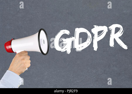 GDPR General Data Protection Regulation EU European Union websites internet hand with megaphone Stock Photo