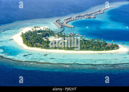 Maldives island vacation paradise sea Halaveli Resort Ari Atoll aerial photo tourism Stock Photo