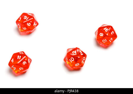 Twenty Sided Dices (d4) translucent in red. Stock Photo