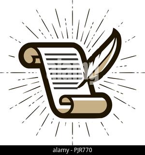 Document, contract logo or label. Literature, letter, quill pen and paper icon. Vector illustration Stock Vector