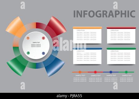 Modern infographic vector of colorful gradient circle template made of four red, green, blue and yellow metal shapes. Timeline and rectangle labels ar Stock Vector