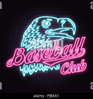 Neon Baseball club badge. Vector illustration. Concept for shirt or logo, print, stamp or tee. Neon style design with with golden eagle and baseball club text silhouette. Night bright advertisement Stock Vector