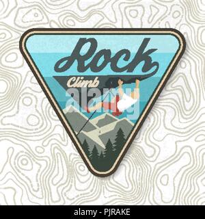 Rock Climbing club badge. Vector illustration. Concept for shirt or logo, print, stamp or tee. Vintage typography design with climber on the mountains. Outdoors adventure. Stock Vector