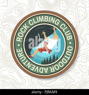 Rock Climbing club badge. Vector illustration. Concept for shirt or logo, print, stamp or tee. Vintage typography design with climber on the mountains. Outdoors adventure. Stock Vector