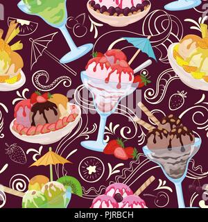 Seamless Pattern, Cups and Glasses, Ice Cream with Berries, Waffles, Nuts and Sweet Syrup on Background with White Outline Pictograms. Vector Stock Vector