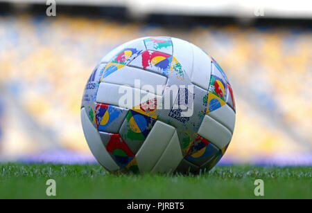 Tranquility surface Supervise KYIV, UKRAINE - SEPTEMBER 4, 2018: Adidas Nations League, official match  ball of UEFA Nations League 2018/2019 on the grass. Ball has colorful  design Stock Photo - Alamy