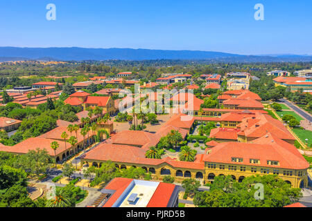 Palo Alto, CA, United States - August 13, 2018: aerial view of Stanford University Main Quad and Memorial Church. The Campus seen from Hoover Tower Observatory. Silicon Valley, San Francisco Bay area. Stock Photo