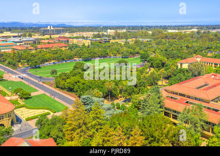 Palo Alto, CA, United States - August 13, 2018: aerial view of main oval grass entrance to Standford University, one of the most prestigious universities in the world, from Hoover Tower Observatory Stock Photo