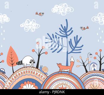 Cute doodle seamless pattern with cartoon ornamented hills, trees, and forest animals. Border with autumn weather landscape. Vector illustration Stock Vector