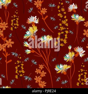 field-flowers, leaves and herbals vector seamless pattern Stock Vector