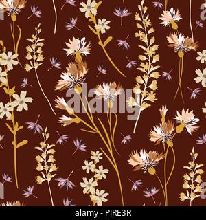 field-flowers, leaves and herbals vector seamless pattern Stock Vector